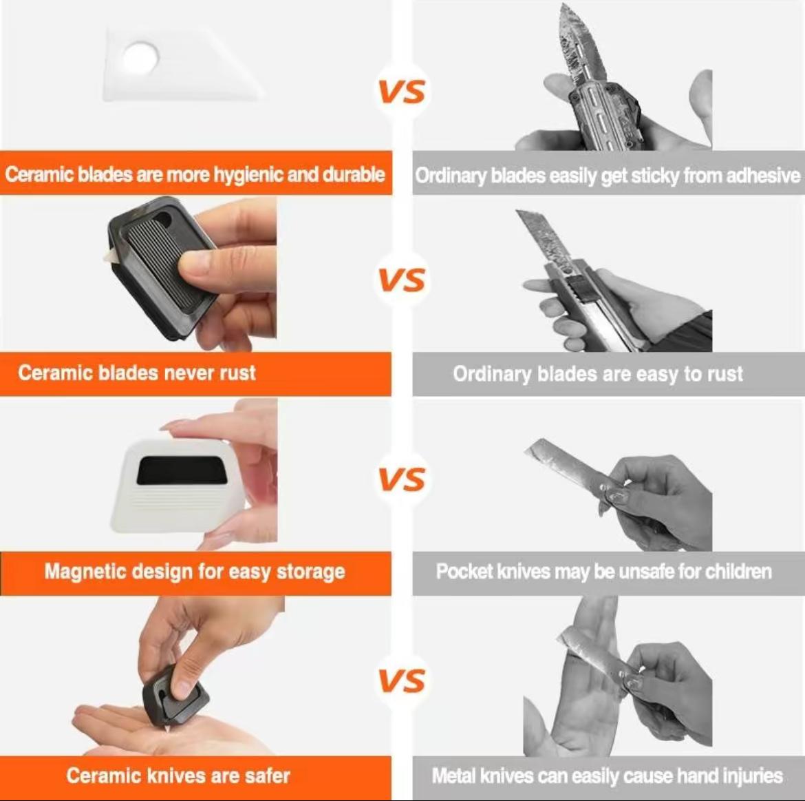 Magnetic Safety Box Cutter  Auto-Retract Ceramic Blade Cutting Supplies, 90° Edge Guide Fridge & Desk Mount, Portable Home Office Craft Tool