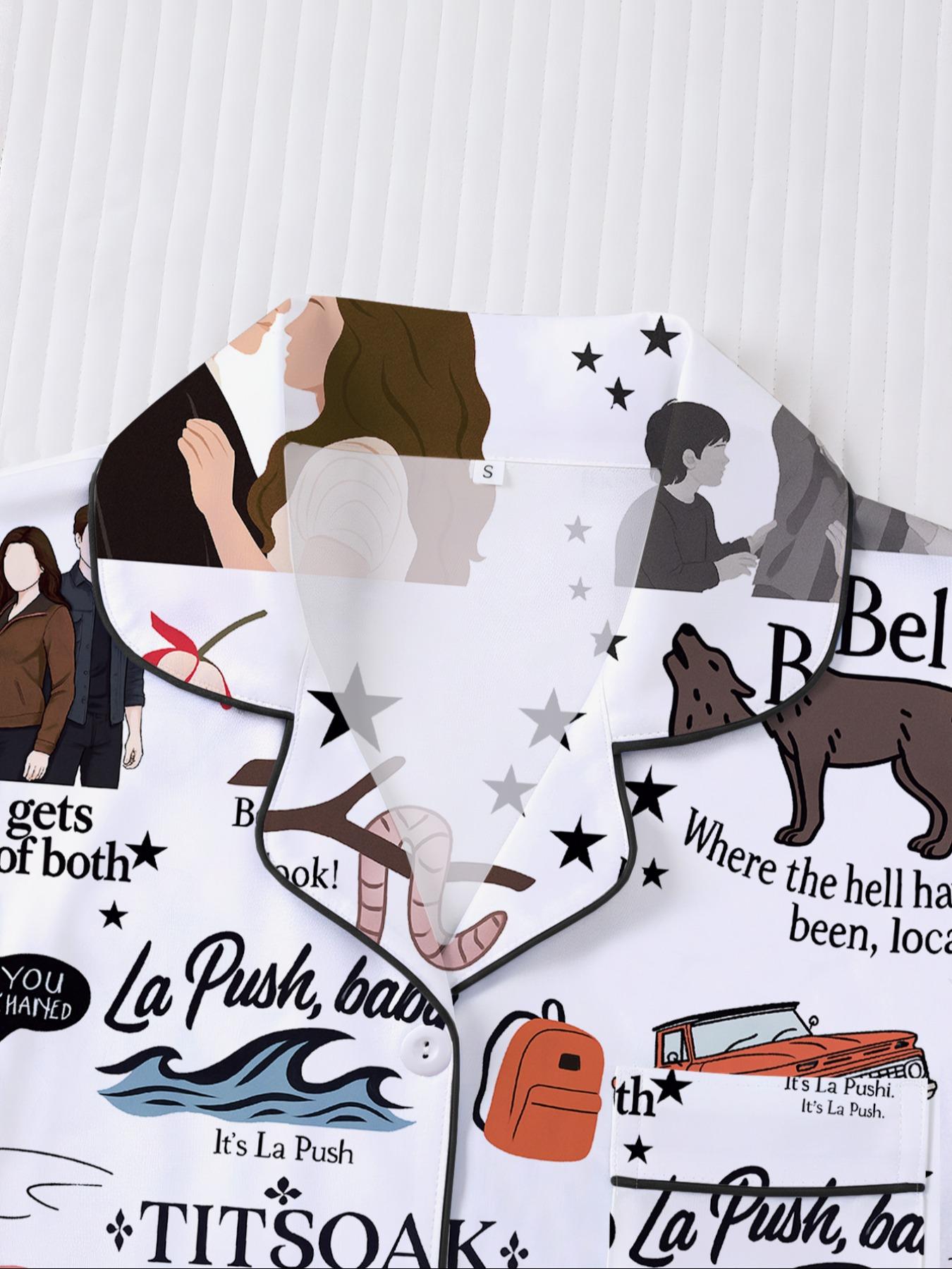 【Valentine's Day Pajamas】 Set, Twilight Print Couple Women Sleepwear, Short Sleeve Button-Up Top & Elastic Shorts, Casual Home Wear