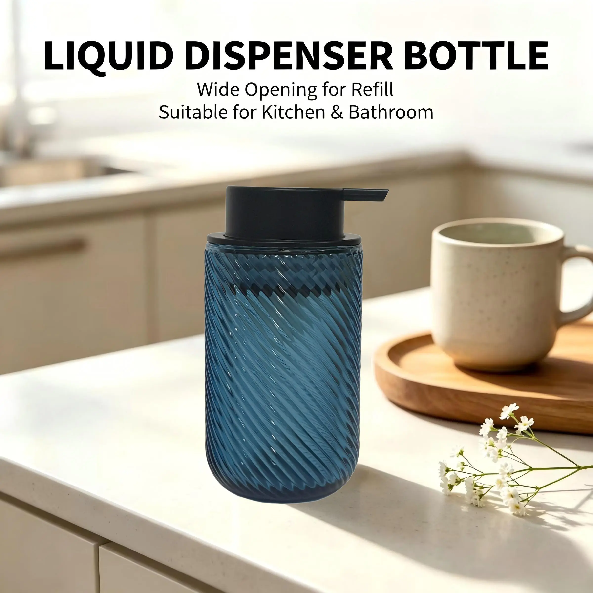 Glass Soap Dispenser Blue Stripes, Modern European Style, Hand Sanitizer, Shower Gel, Dishwasher Foam Maker, Bathroom, Laundry Room