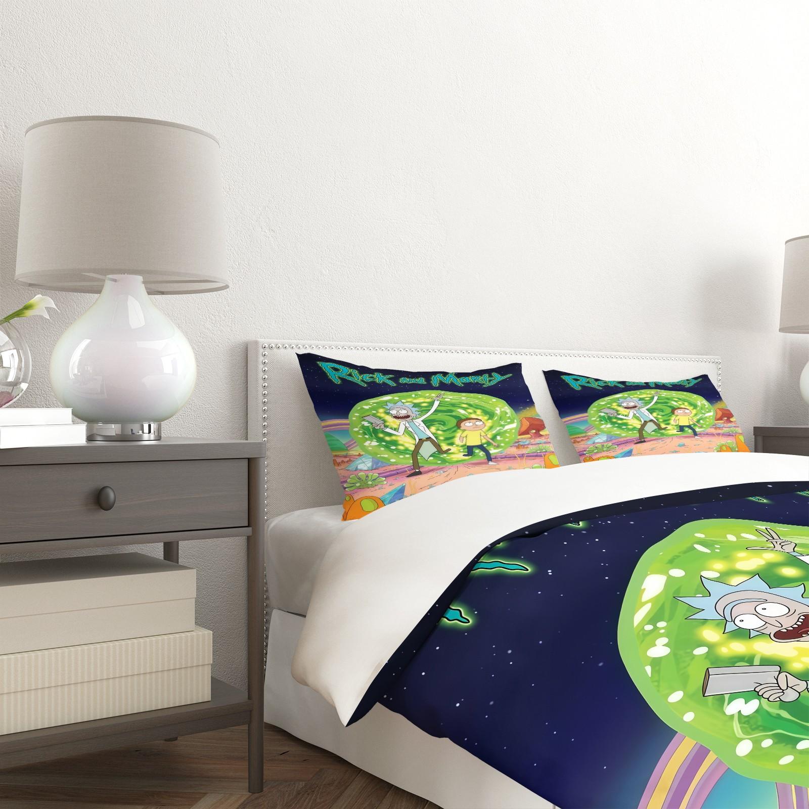 Rick and Morty Pattern Printed Soft Durable Bedding Set, Bed Sheets Set, Includes 1 Fitted Sheet and 1 or 2 Pillowcases, Excluding The Core And Pillow Core, Modern Style Bedroom Decor, Bed Sheet Sets