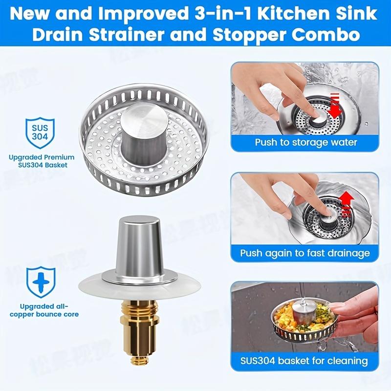 3-in-1 Kitchen Sink Drain Strainer,Stainless Steel Sink Plug, Deodorizing Anti-ClogBasket Strainer for US Standard 3-1/2 Inch Drains Home Goods stainless steel sink strainer stoppe 4 sus304 anti-clogging basket anti-clog