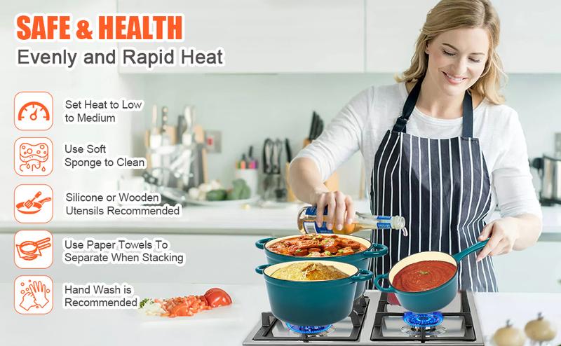 Elf Grill 7-Piece Enameled Cast Iron Cookware Set Nonstick Dutch Oven Frying Pan Skillet & Saucepan with Lids Oven Safe to 500°F All Stovetop Compatible Healthy Kitchenware for Sourdough Bread Baking Casserole & Modern Cooking