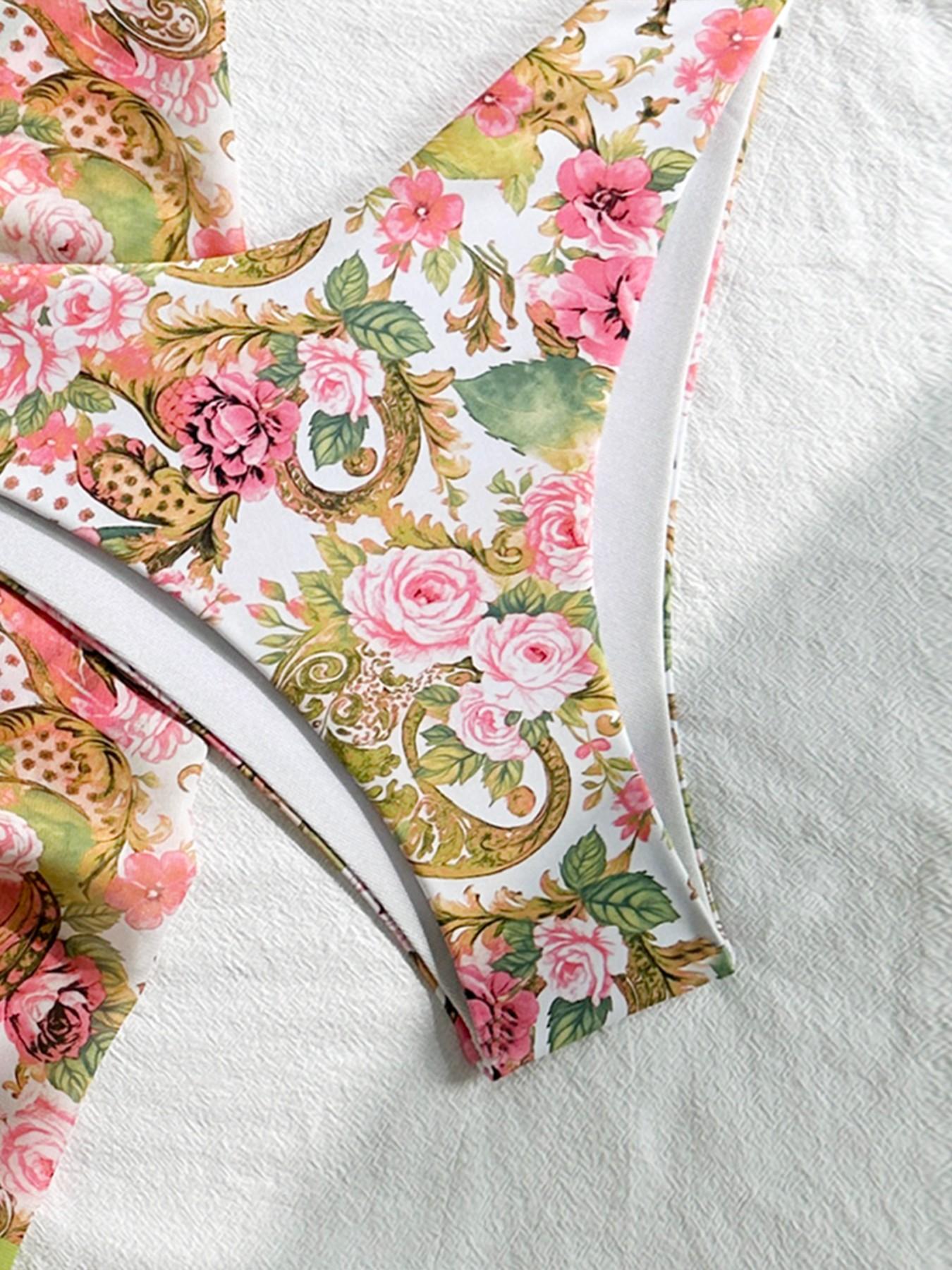 Women's Bohemian Style Bikini Set with Tie Straps, Chiffon Print Cover-Up, Full Body Print, Cute Knot Back, Summer Beachwear, Floral Bikini Swimsuit, Chic Swimsuit Set