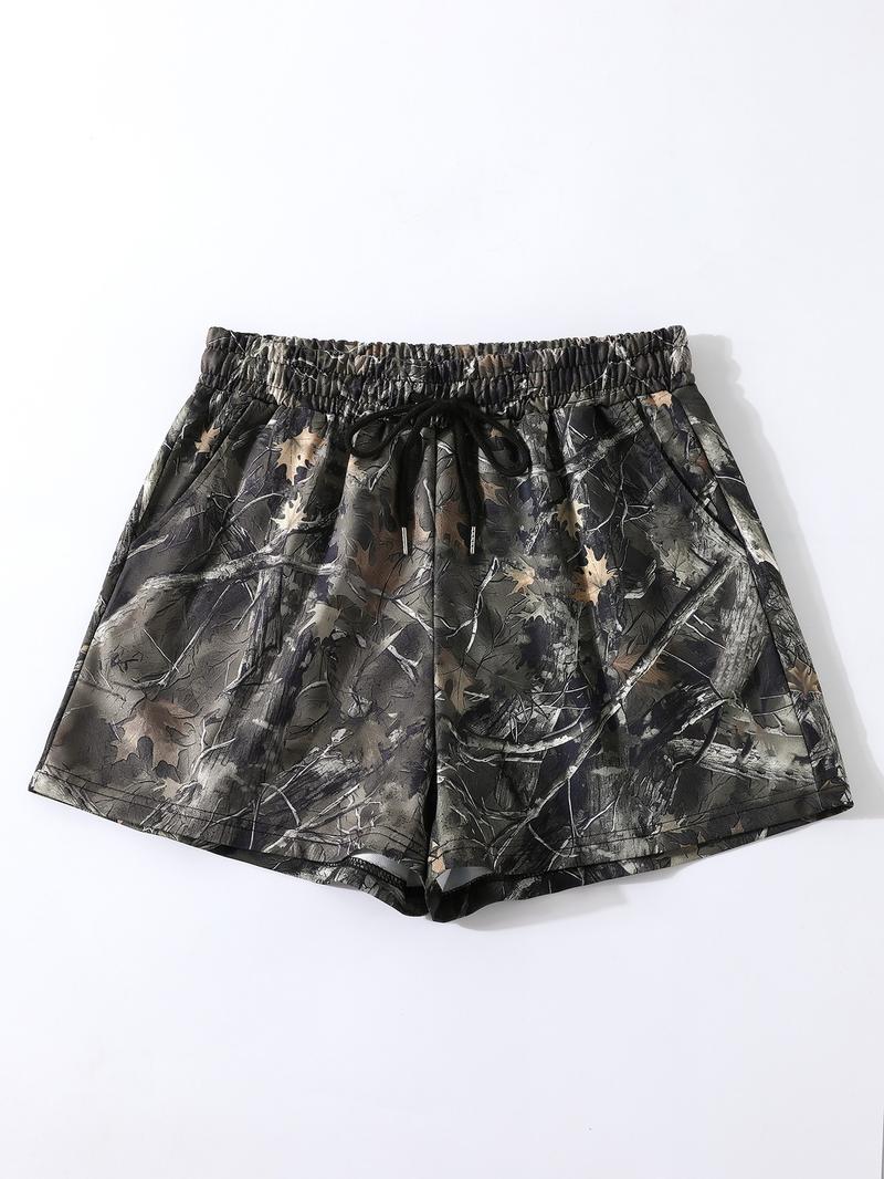 Vintage Street Withered Branch Camo Print Loose-Fit Gym Shorts, Casual All-Season Wear, Moderate Fabric Thickness, Kint Style, Athletic Shorts