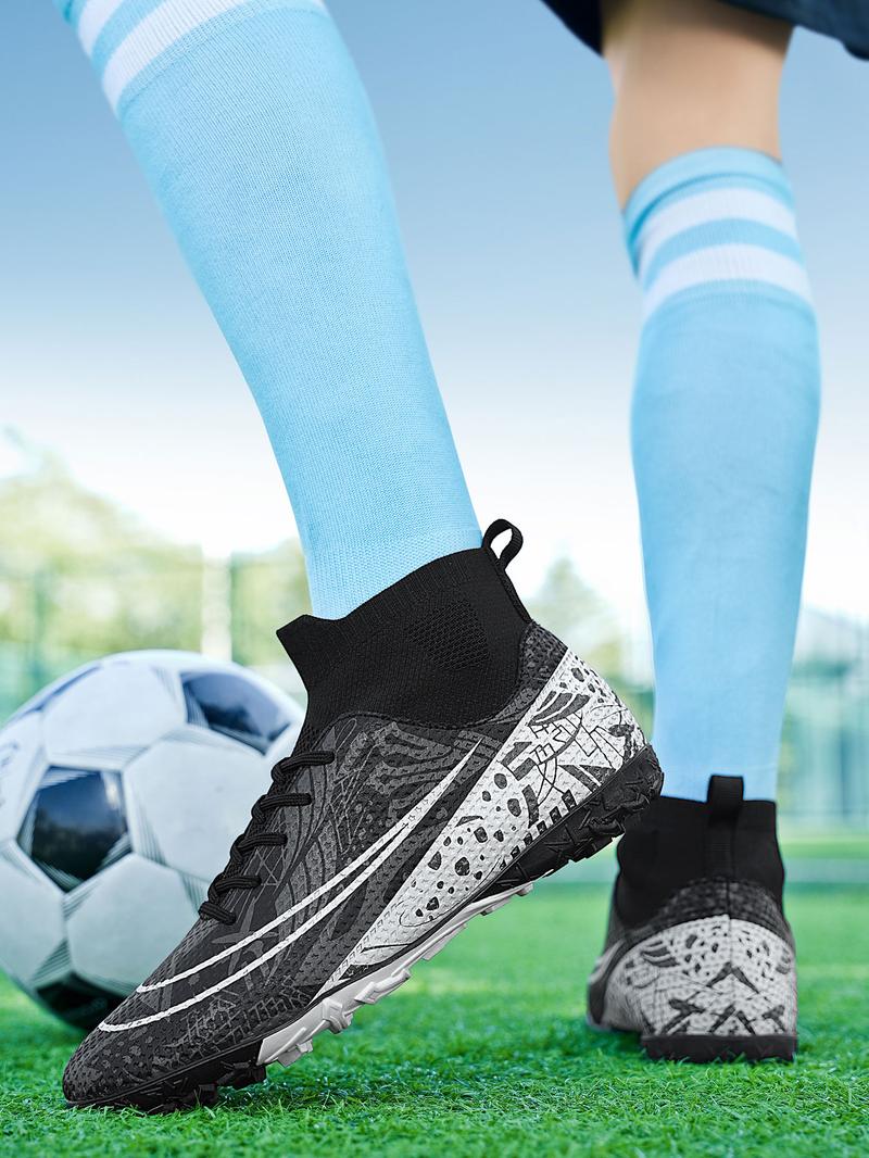 High-Top Youth Adult Unisex Soccer Training Shoes, Textured Leather Upper, Comfortable Inner Lining, Durable Outsole, Anti-Collision Toe Design, Football Boots, Soccer Cleats