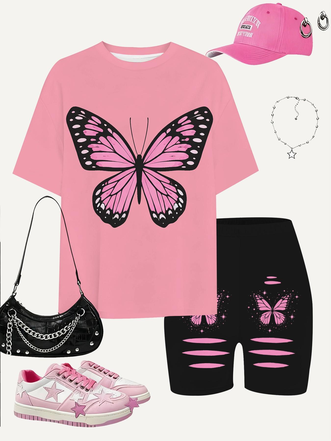 Dopamine Girls Pink Butterfly Print Short Sleeve Biker Shorts Set Summer Energetic Streetwear 2Pcs