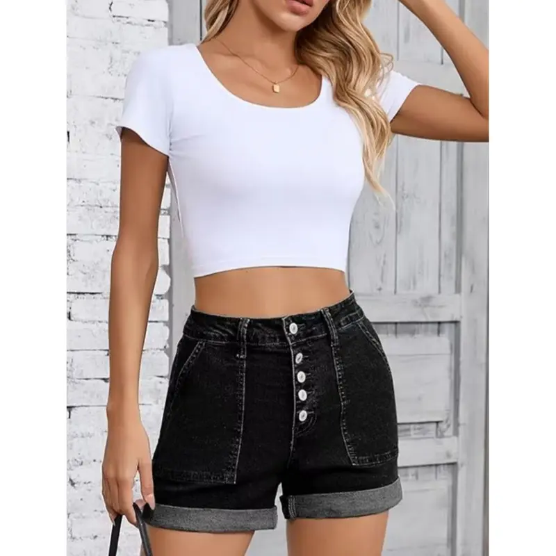 D340  Women'S Denim Shorts, Trendy High Street Brand, Buttoned Hem, Slim Fit, Elegant And Slimming Shorts
