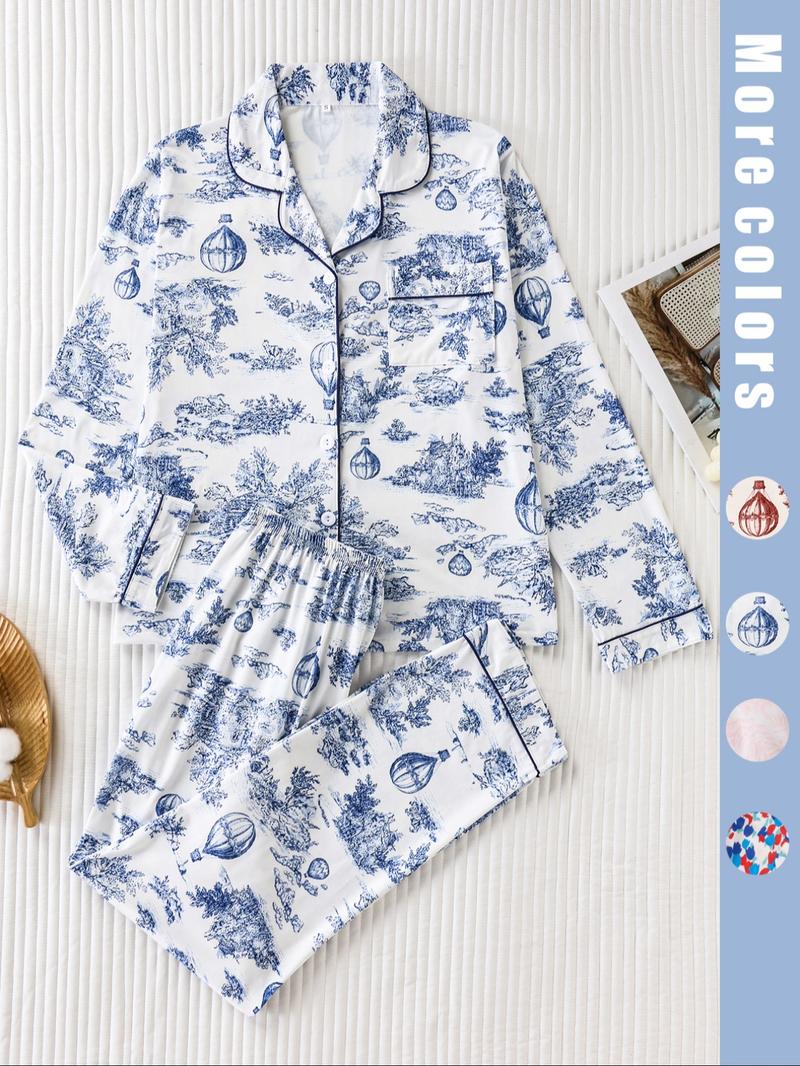 Two-piece pink ladies' pajama set with full-color prints. Button-front collar shirt and elastic waist pants pajama. Casual and comfortable collar long-sleeved top and long pants pajama set. Ladies' pajamas for spring and autumn.