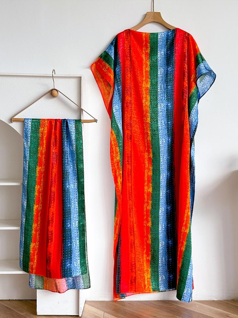 Women's Colorblock Print Long Scarf & Poncho Set, Casual Soft Comfortable Shawl for Beach Vacation, Fashion Accessories for Women & Girls