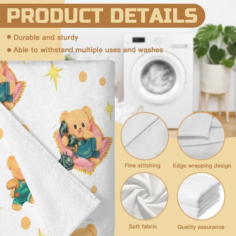 Cute Cartoon Bear Print Beach Towel, Japanese Style Kawaii Teddy Bear with Polka Dots Stars Hearts Pattern, Soft Microfiber Oversized Quick Dry Sand Free Absorbent Towel for Beach, Pool, Swimming, Travel, Camping and Yoga, Japanese Cute Aesthetic Beach Ac