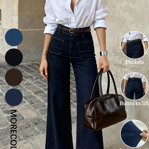 【Black Friday】Women's High-Waisted Wide-Leg Jeans, Pocket Design, Zipper Fly, Loose Fit, All-Season Wear, Elegant Casual Style, Solid Color