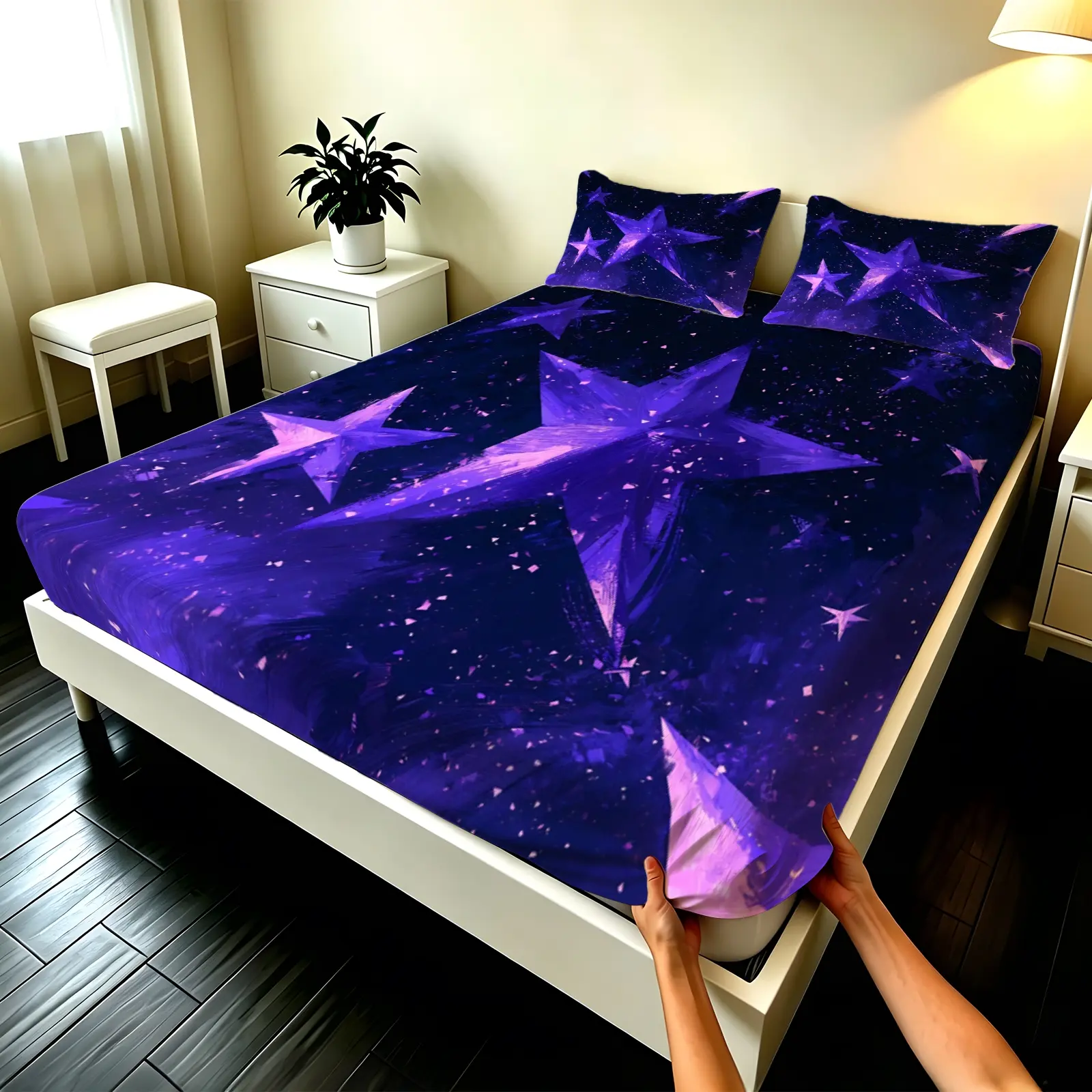 3pcs Fitted sheet Purple Star Galaxy Pattern Bedding Set, Printed Bedding Set, Ultra Soft Microfiber with Pillowcases, Breathable Wrinkle Resistant Fade Proof, for Bedroom Hotel Home, Fit Full Queen King Size