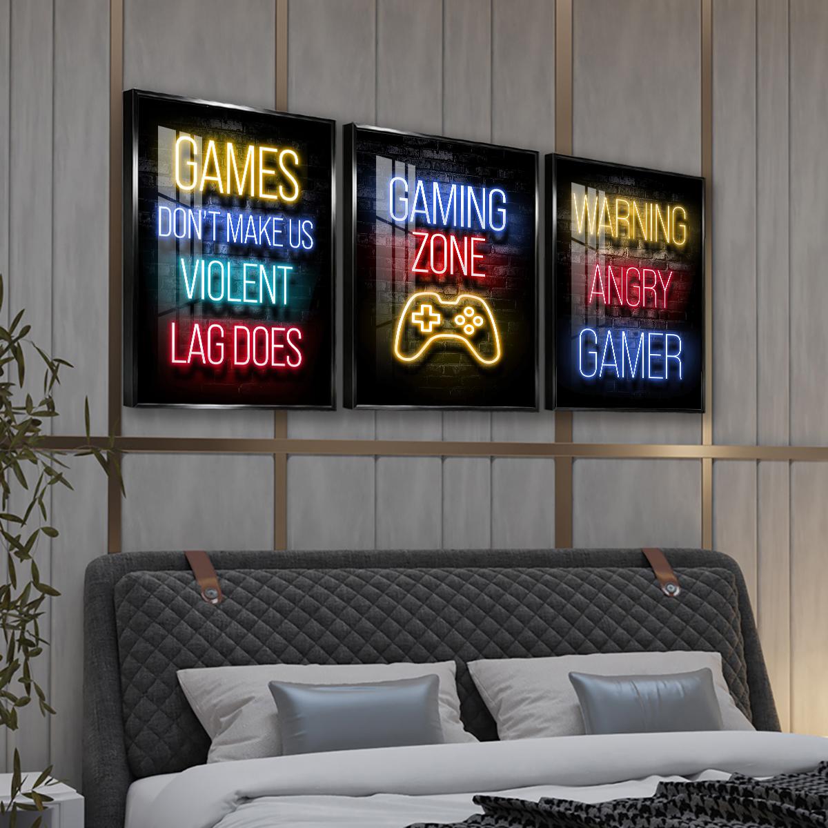 3 Counts Aluminum Alloy Framed Painting, Neon Gaming Zone Poster With Game Controller Wall Art, Home Decoration For Living Room, Bedroom, Office, Restaurant, Hallway Wall Decor, Odorless Print Artwork, Luxury Perfect Gift For Friends And Family