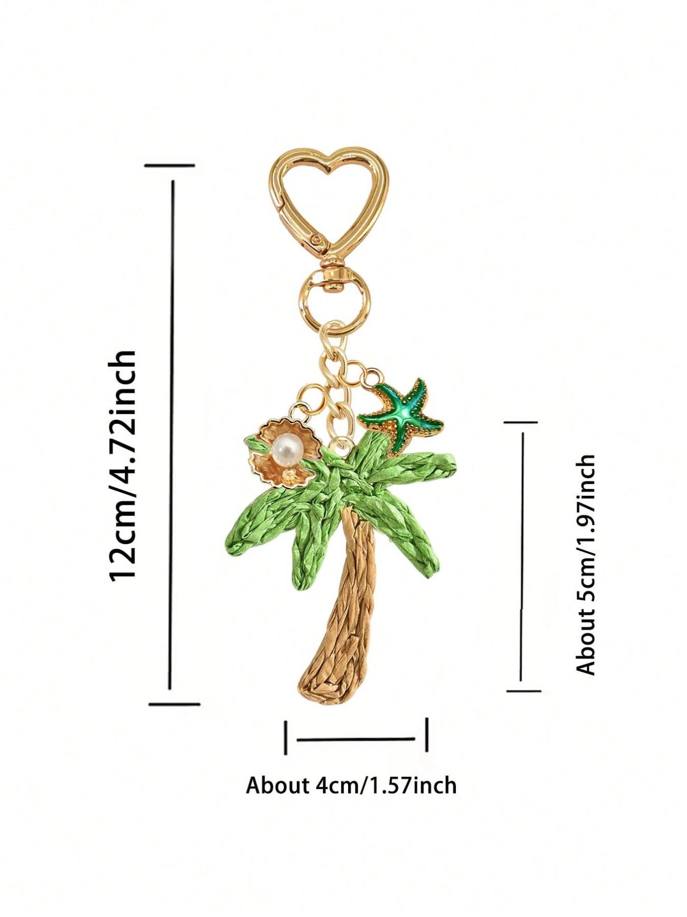 Handmade Coconut Tree Pendant with Shell and Starfish Elements, Bohemian Style, Woven Rattan, Ocean Alloy, Hawaii Style, Backpack Accessory