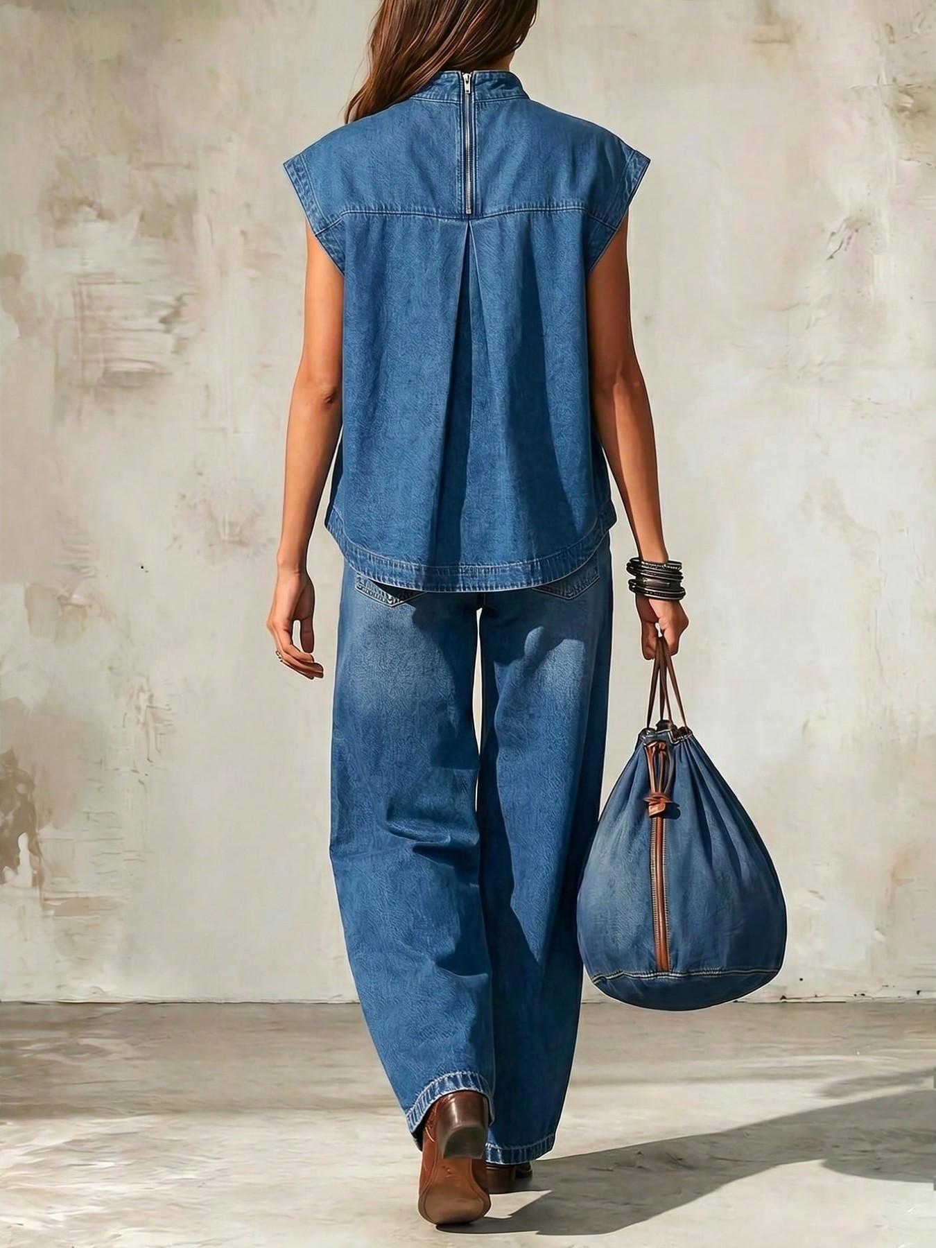 Women's Stand Collar Sleeveless Loose Fit Denim Top, Perfect for Summer Daily Wear, Casual Fashion Shirt