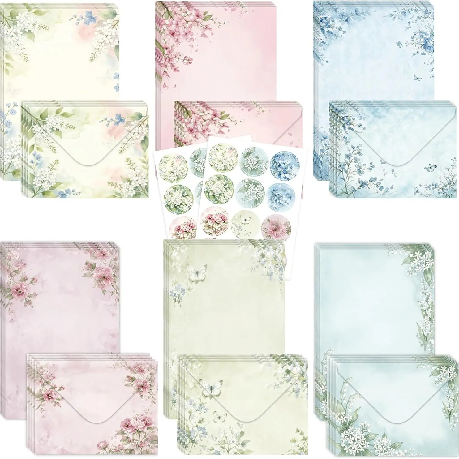 72 Pcs Stationery Paper Envelopes Set, Cute Envelopes, No-Bleed Lined (6Style), Includes 24 Writing Paper & 24 Envelopes with 24 Stickers, Flower Floral Letter Writing and Stationery Paper Envelopes