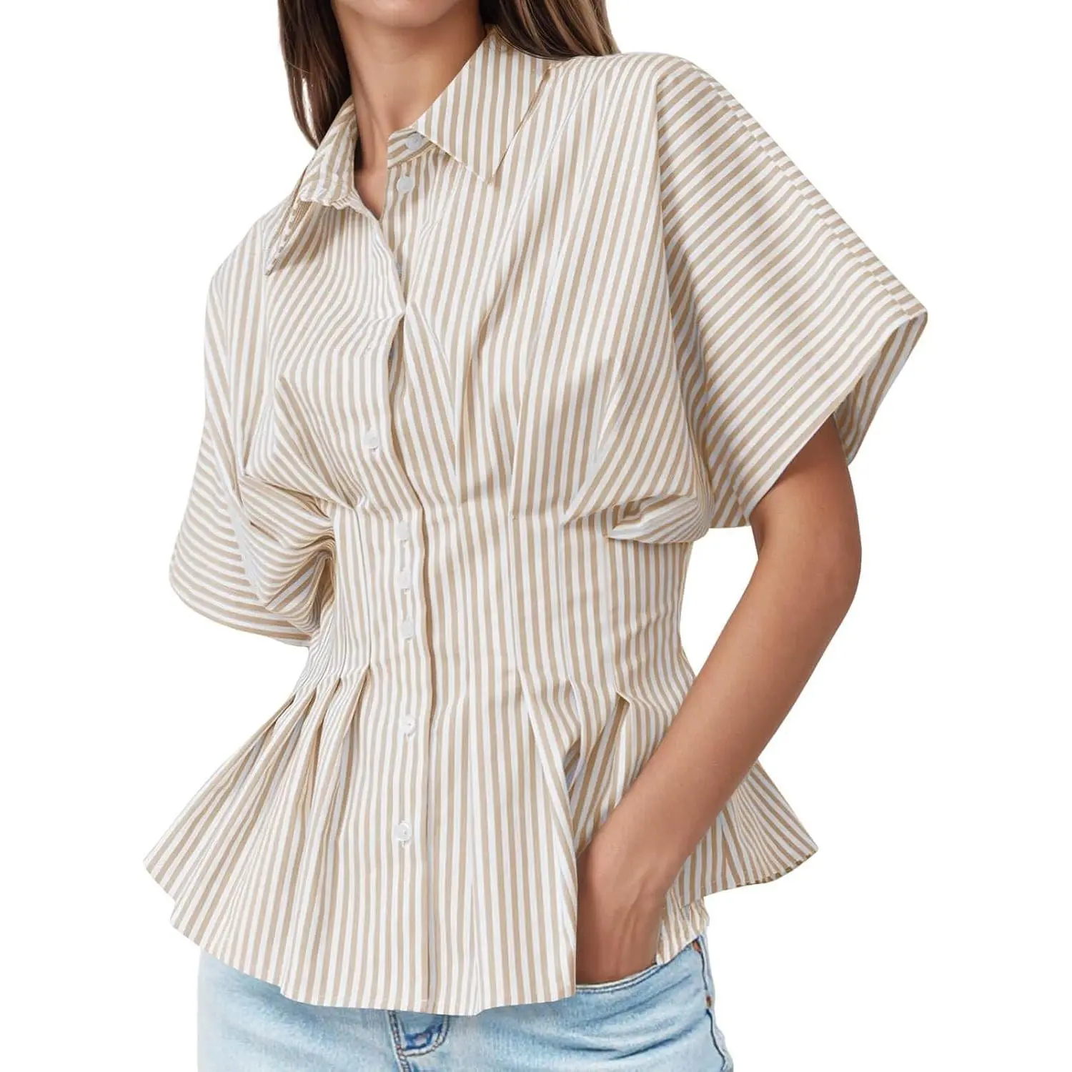 Women's Striped Peplum Cinched Waist Business Casual Office Top Button Down Shirt Pleated Summer Corporate BlouseGift