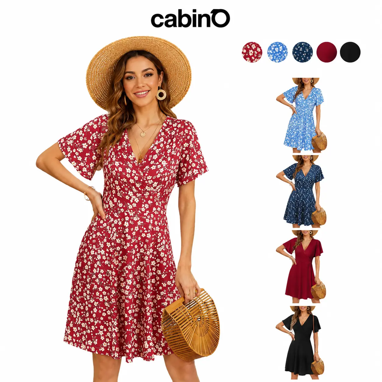 Cabino Women’s Red Floral Print Short-Sleeve Wrap Mini Dress - V-Neck, A-Line Shape, Slim Cut, Ruffled Hem for Summer Vacation, Beach Resort Wear, Shortsleeve