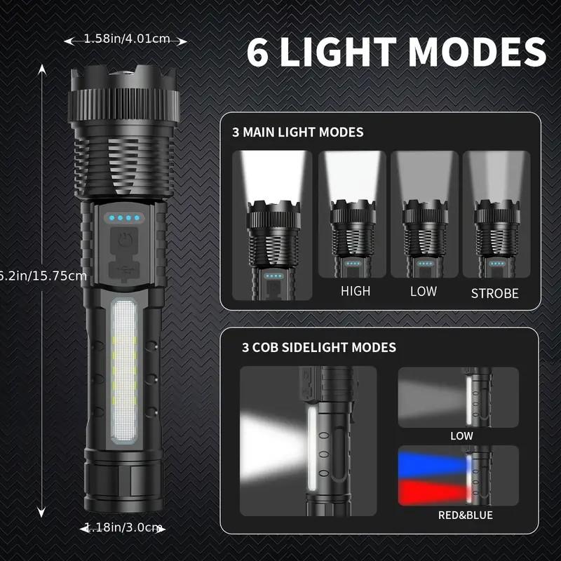 2-piece rechargeable zoom ultra bright flashlight, suitable for emergency power outages, outdoor camping, hurricanes Rechargeable LED battery powered, with 6 lighting modes and COB side lights Strong light, red and blue flashing flashlight