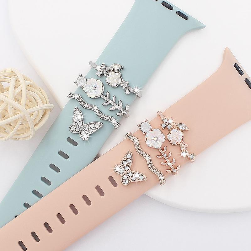 Crystal Rhinestone Flower & Butterfly Decorative Charms - Personalized Accessories for Silicone Watch Bands, Universal Ornament Rings for Smart Watches