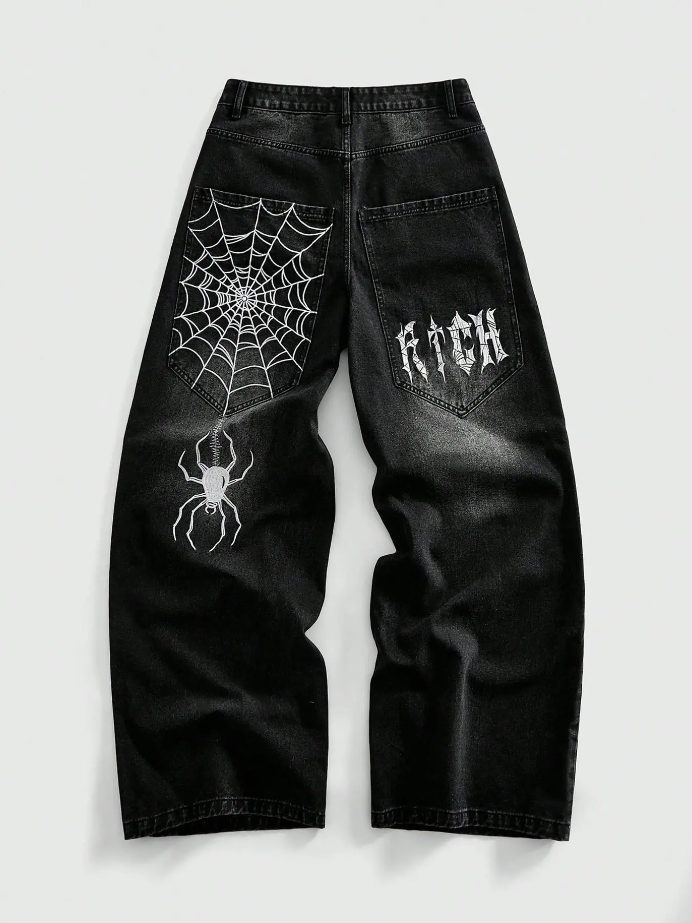 2026 New American Street Style Spider Embroidery Wide Leg Jeans, Men's Vintage Washed Spider Web Back Pocket Loose Fit Fashion Long Pants