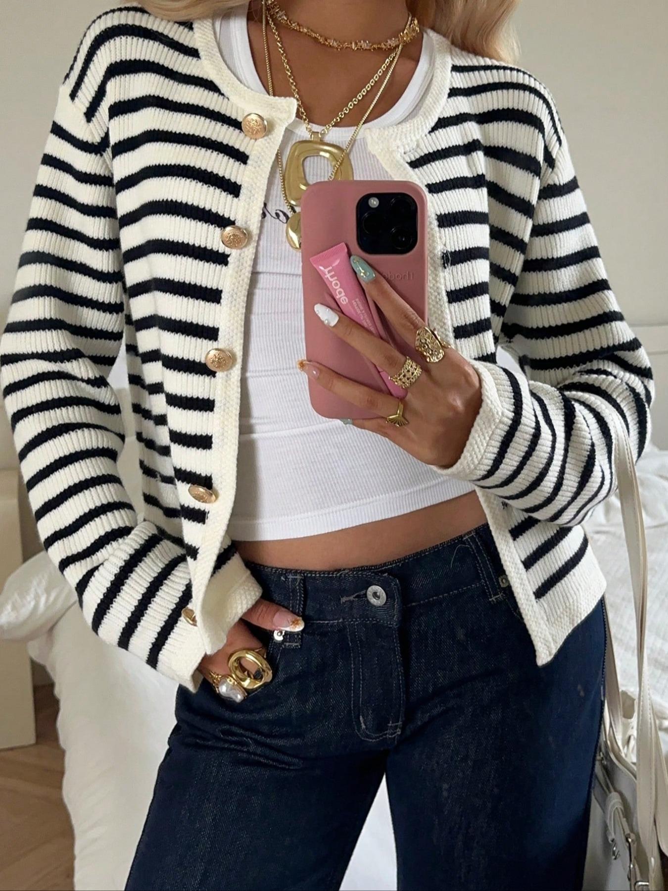 New Women's Knitted Fitted Sweater, Fall Winter Fashion, Drop Shoulder Button Front Cardigan, Striped Long Sleeve Top, Ladies Casual Wear, Knitwear