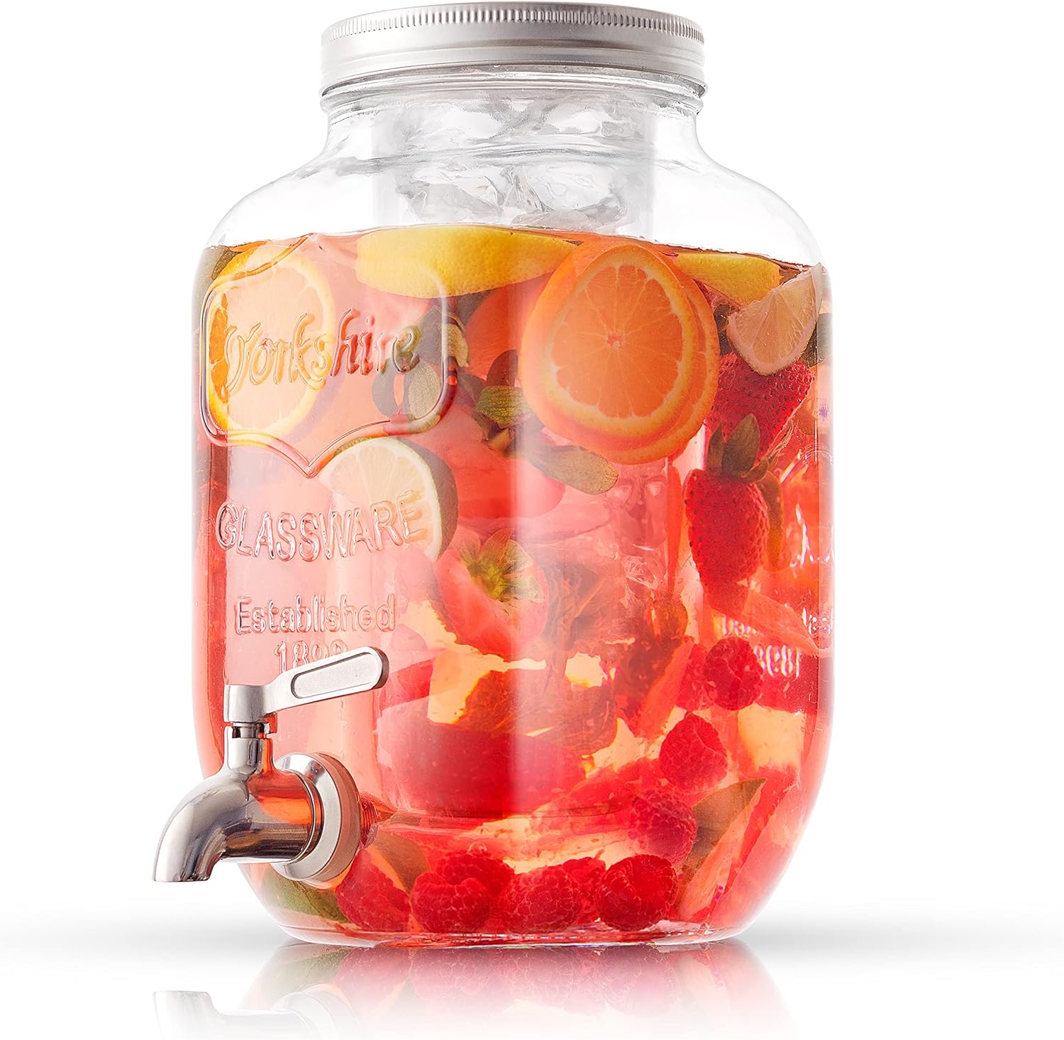 1-Gallon Drink Dispenser. Glass Beverage Dispenser with Stainless steel Spigot plus Ice Cylinder and Fruit Infuser! Water Dispenser, Lemonade Stand, Juice Container - Drink Dispensers for Parties, Gallon Glass Pitcher With Lid, Glass Jug