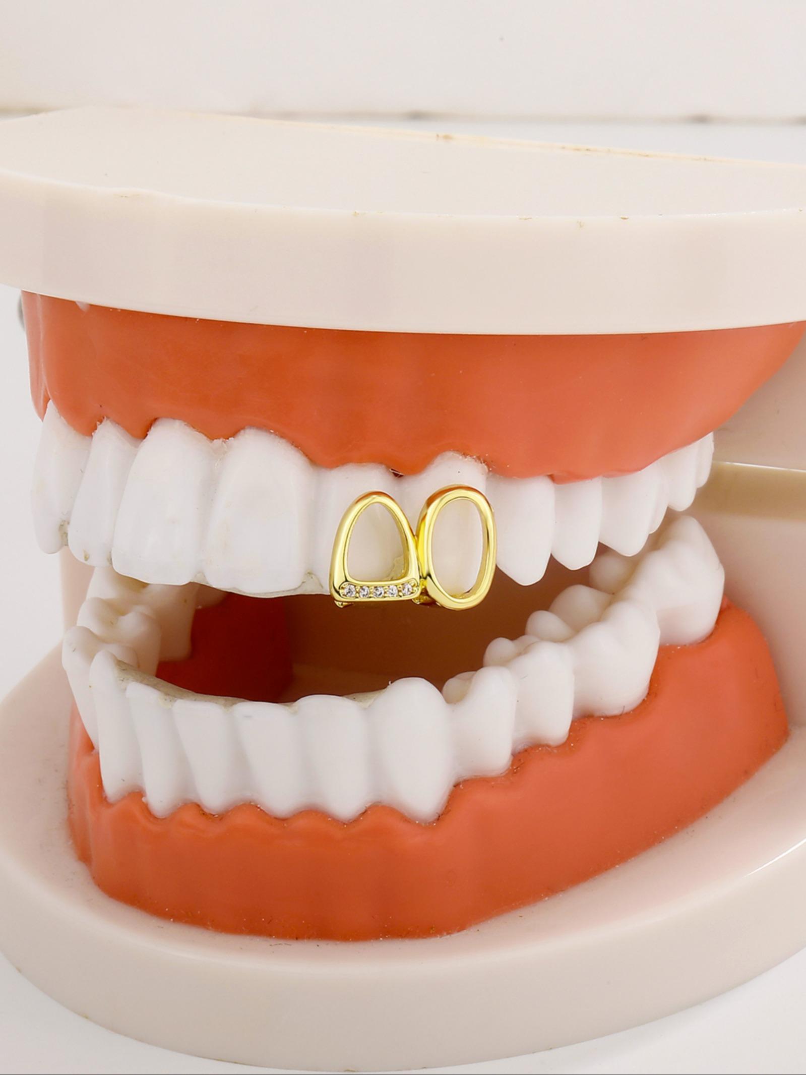 CRUSH CR 18K Gold Plated Open Face Dual Tooth Grillz, Gold/Silver Options Perfect for Y2K Aesthetic Outfits, Brunch Dates Daily Commutes,  Music Festivals, Club Nights TikTok Photoshoots,  Galentine’s Birthday Gift Lightweight Comfortable for All-Day Wear