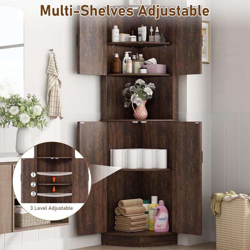 68" Tall Farmhouse Corner Cabinet, Dining Room Storage Cabinet with 4 Barn Doors and 5 Level Storage with Adjustable Shelves, for Kitchen, Living Room, Laundry Room