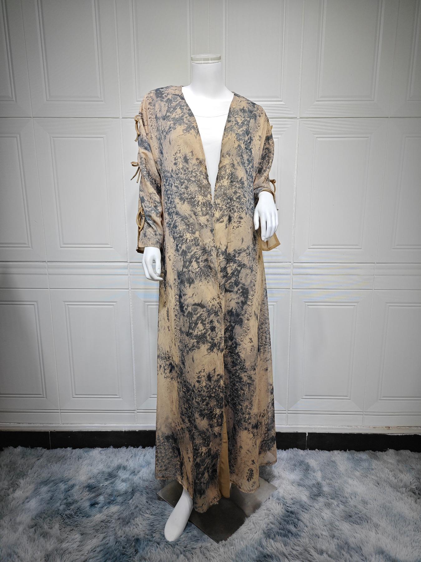 Elegant Double Layer Open with Headscarf, Abstract Tie Dye Pattern, Long Sleeve for All Seasons, Casual and Stylish Women's Islamic Wear, Abaya Hijab Set