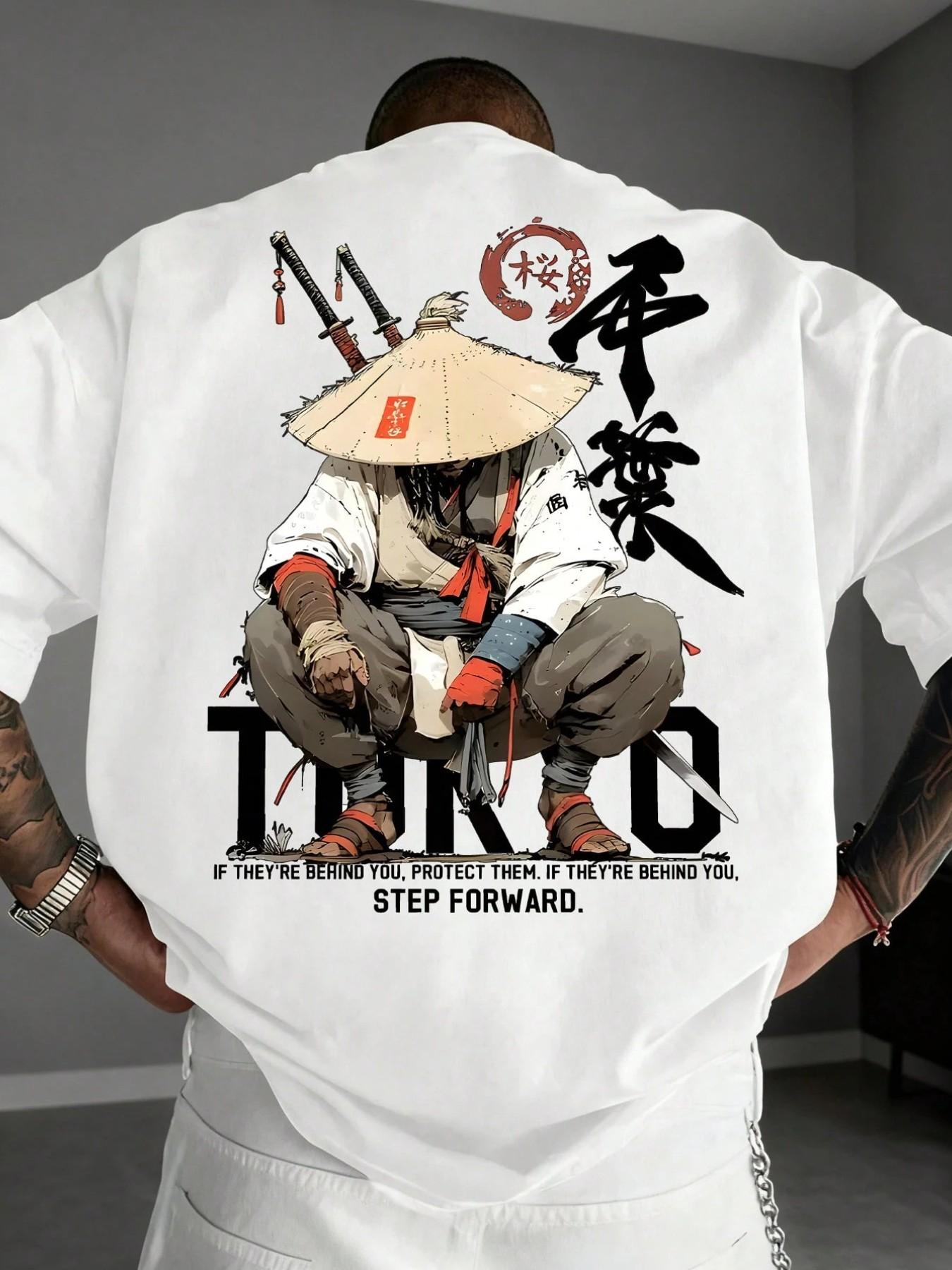 Japanese Samurai Graphic Print Oversized White T-Shirt Streetwear Y2K Retro Tokyo Samurai Graphic Tee With Inspirational Quote