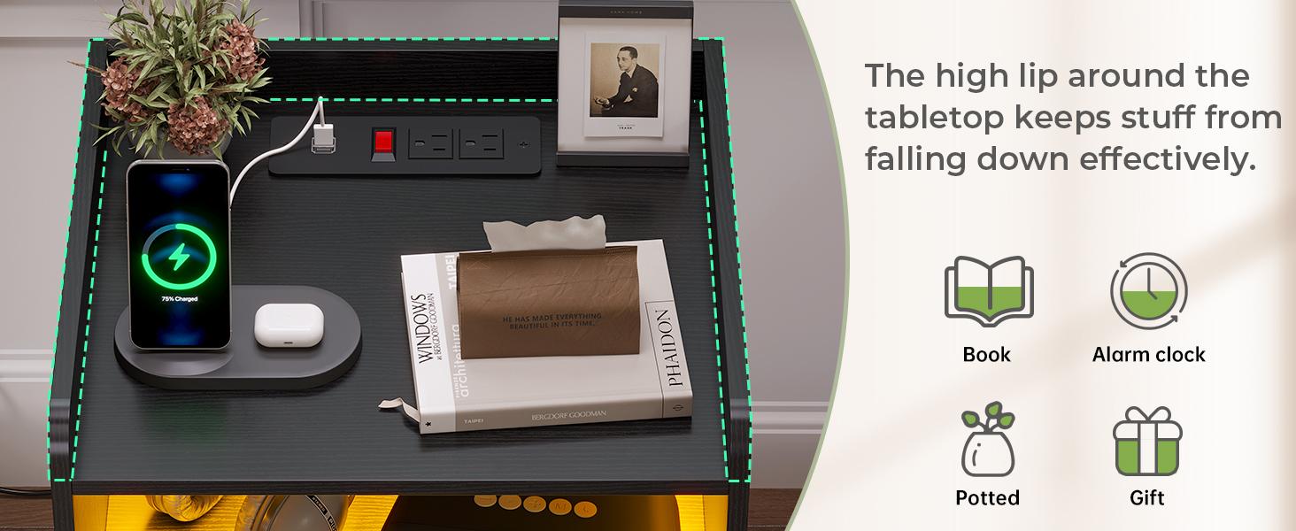 Sikaic Black Nightstands Set of 2 with Charging Station & LED Lights Modern Bedside Tables with 2 Fabric Storage Drawers for Bedroom Furniture