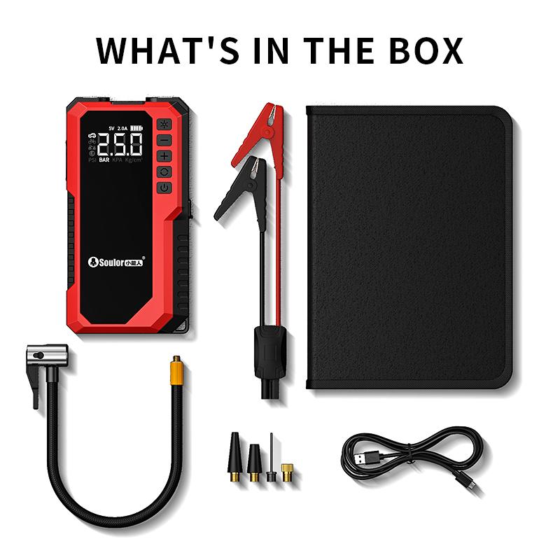 Portable Car Jump Starter (6400mAh / 8000mAh) with Air Compressor, Fast USB Charging and Multiple Safety Protections, Includes Jumper Cables, Car Tool Kit