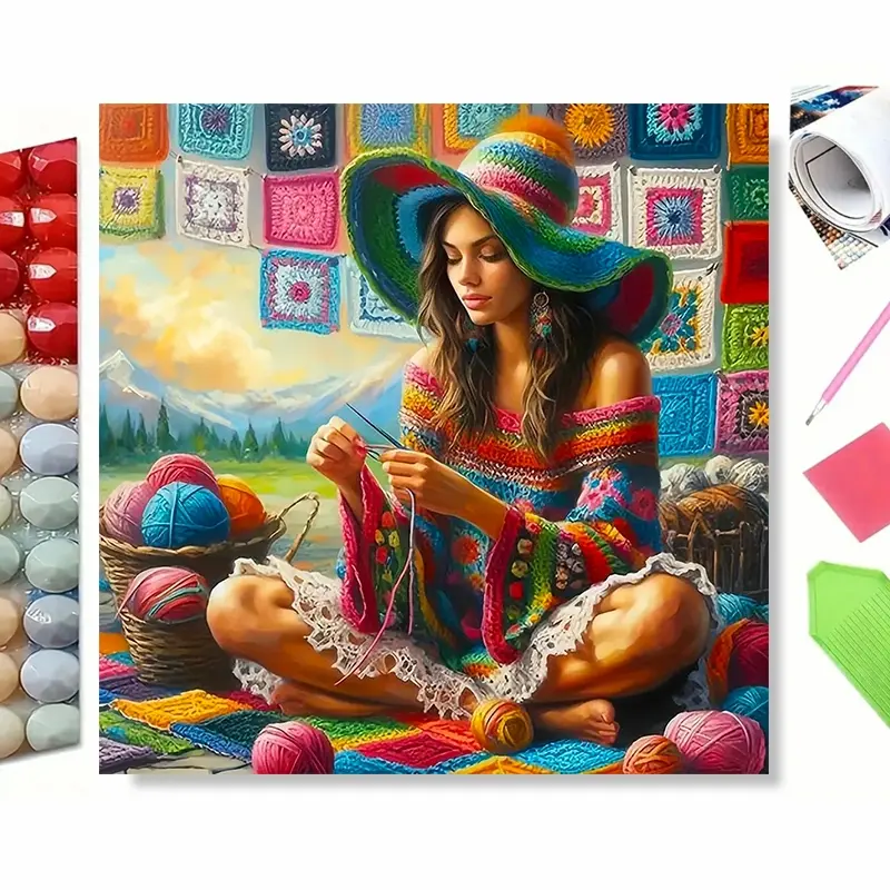 5D Diamond Painting Kit, Boho‑Style Woman Crocheting Outdoors, Colorful Knitted Outfit, Yarn Balls and Granny Square Patches, Mountain Scenery Background, Full Drill DIY Diamond Art, Hobby Craft Themed Wall Decor, Handcraft Art Gift