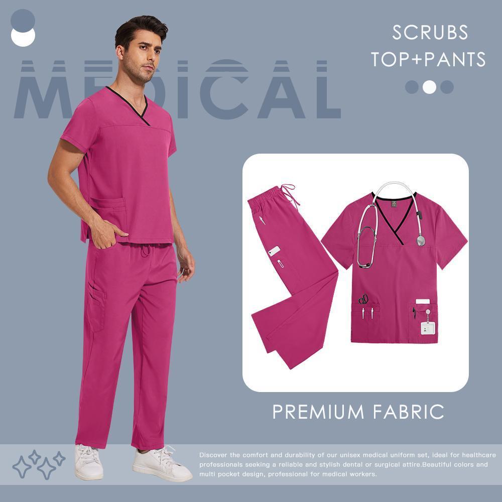Women's Solid V-Neck 2-Piece Scrubs Set - Short Sleeve V-Neck Top & Pants, Standard Fit Women's Clothes for All Seasons, Medical Dental Workwear (Menswear Compatible)