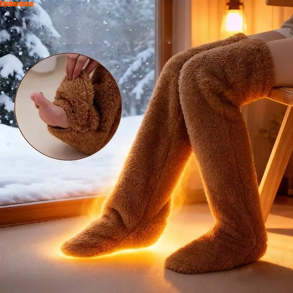Women’s Over the Knee Fuzzy Socks, Extra Long Plush Knee High Winter Socks, Soft Warm Cozy Stockings for Cold Weather, Thickened Leg Warmers for Home, Sleeping, Lounging, Floor Wear and Everyday Comfort