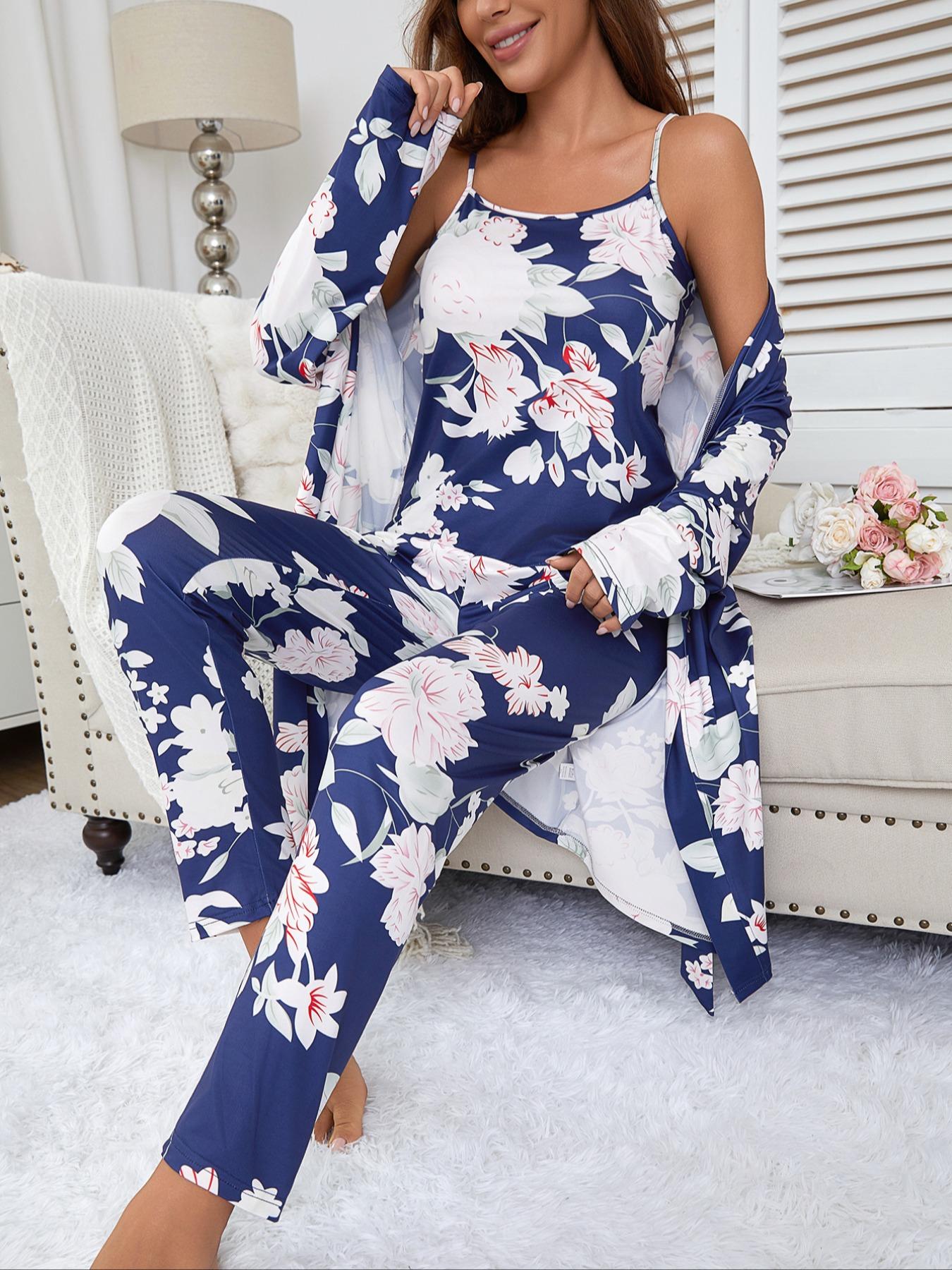 Women's Floral Print Strap Pants Set, Casual Fitted Sleepwear with Belted Long Sleeve Robe, All Season Comfortable Loungewear