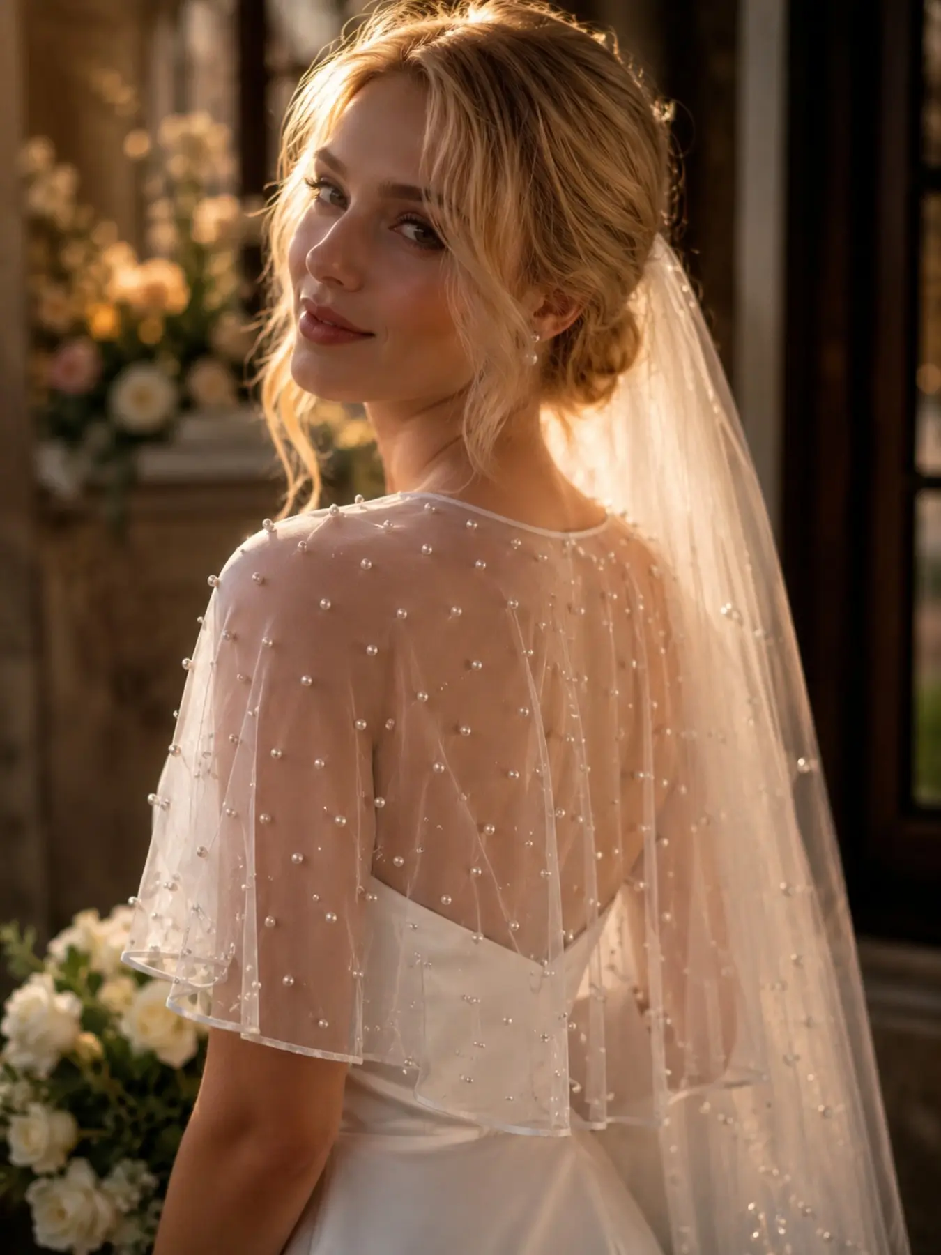 Women's Pearl Bridal Cape Veil, Soft Tulle Wedding Shawl with Scattered Faux Pearls, Sheer Bridal Shoulder Cover, Elegant Capelet for Bride, Wedding Dress Overlay, Bridal Wrap for Ceremony, Reception, Engagement, Photoshoot, Wedding Veils for Brides
