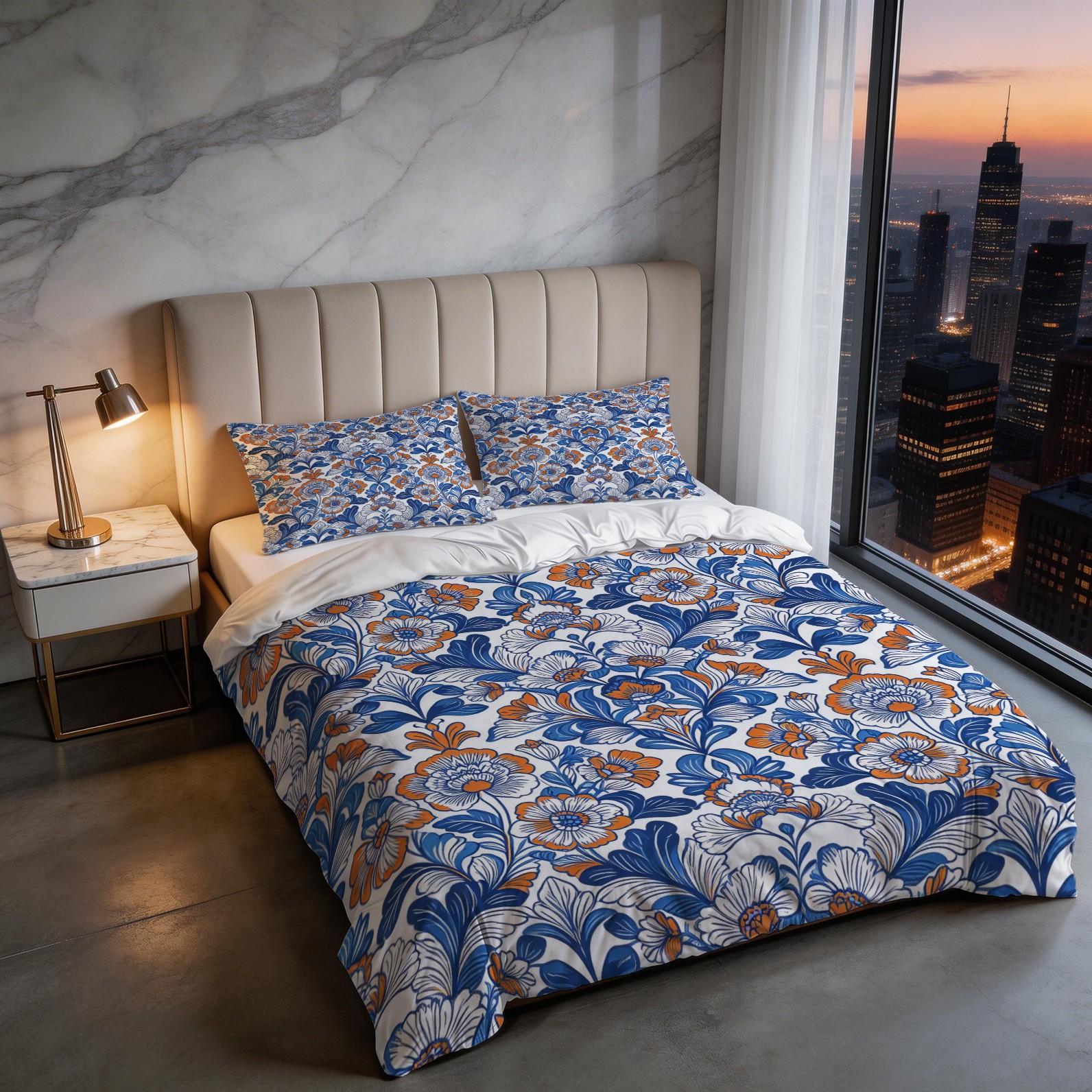 2/3 Piece Bohemian Blue Orange Floral Duvet Cover Set, HD Digital Printed Comforter Cover, Soft Breathable Bedding Set with Zipper & Corner Ties, No Inserts for Bedroom Decor