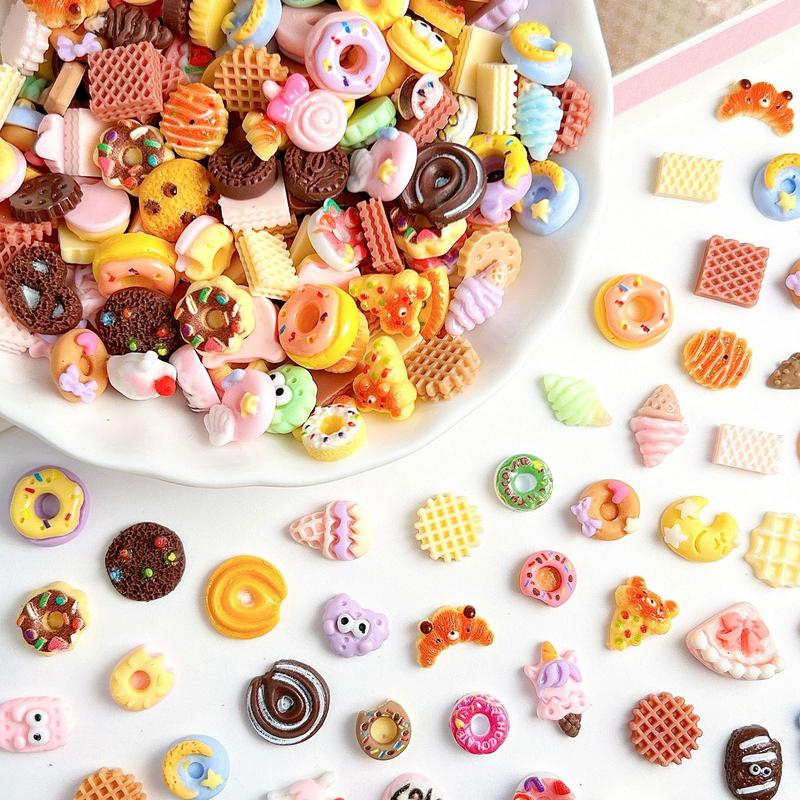 100Pcs Cartoon Cute Desserts Series Resin Nail Charms 3D Simulated Donut Ice-cream Cookies Chocolate Decorations DIY Hairpin Phone Case Nail Art Supplies for Women