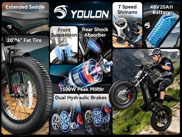 YOULON Electric Bike for Adults, 1500W Peak Brushless Motor 31MPH , 48V 20Ah Battery, 20" Fat Tire Ebike, Up to 50KM/H, 30° Climb, 7-Speed, Shock Absorption, Off-Road E-Bike with Long Range & All-Terrain Performance YOULON Electric Bike for Adults, 1500W Peak Brushless Motor 31MPH , 48V 20Ah Battery, 20" Fat Tire Ebike, Up to 50KM/H, 30° Climb, 7-Speed, Shock Absorption, Off-Road E-Bike with Long Range & All-Terrain Performance