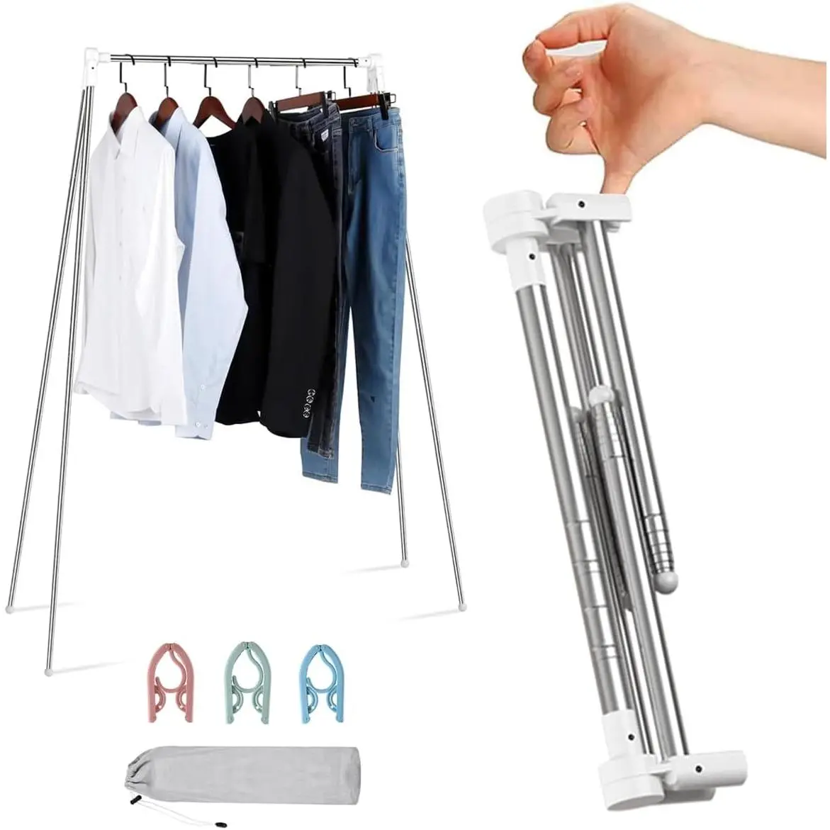 Garment Rack, Folding Clothes Rack, Collapsible Clothing Rack for Dance, Travel, Camping, Laundry, Indoor,, Drying, RV, Mini Compact Racks White + 3 Foldable Clothes Hangers