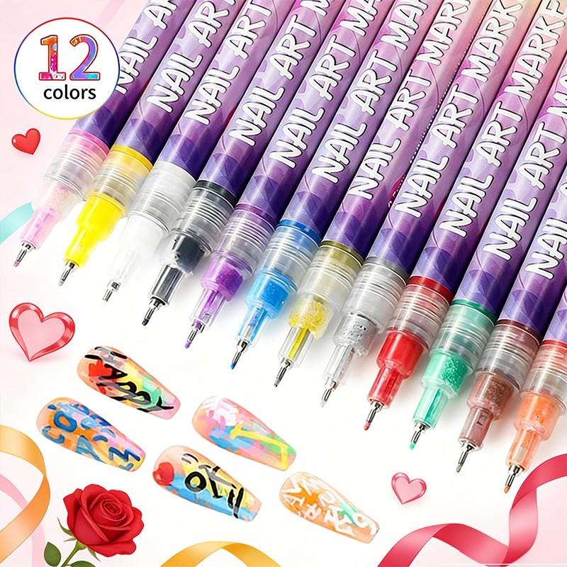 12-Color Nail Art Markers with Ultra-Fine Tips, Ideal for DIY Nail Designs, Creating Patterns & Flowers, Essential for Salons & Home Use
