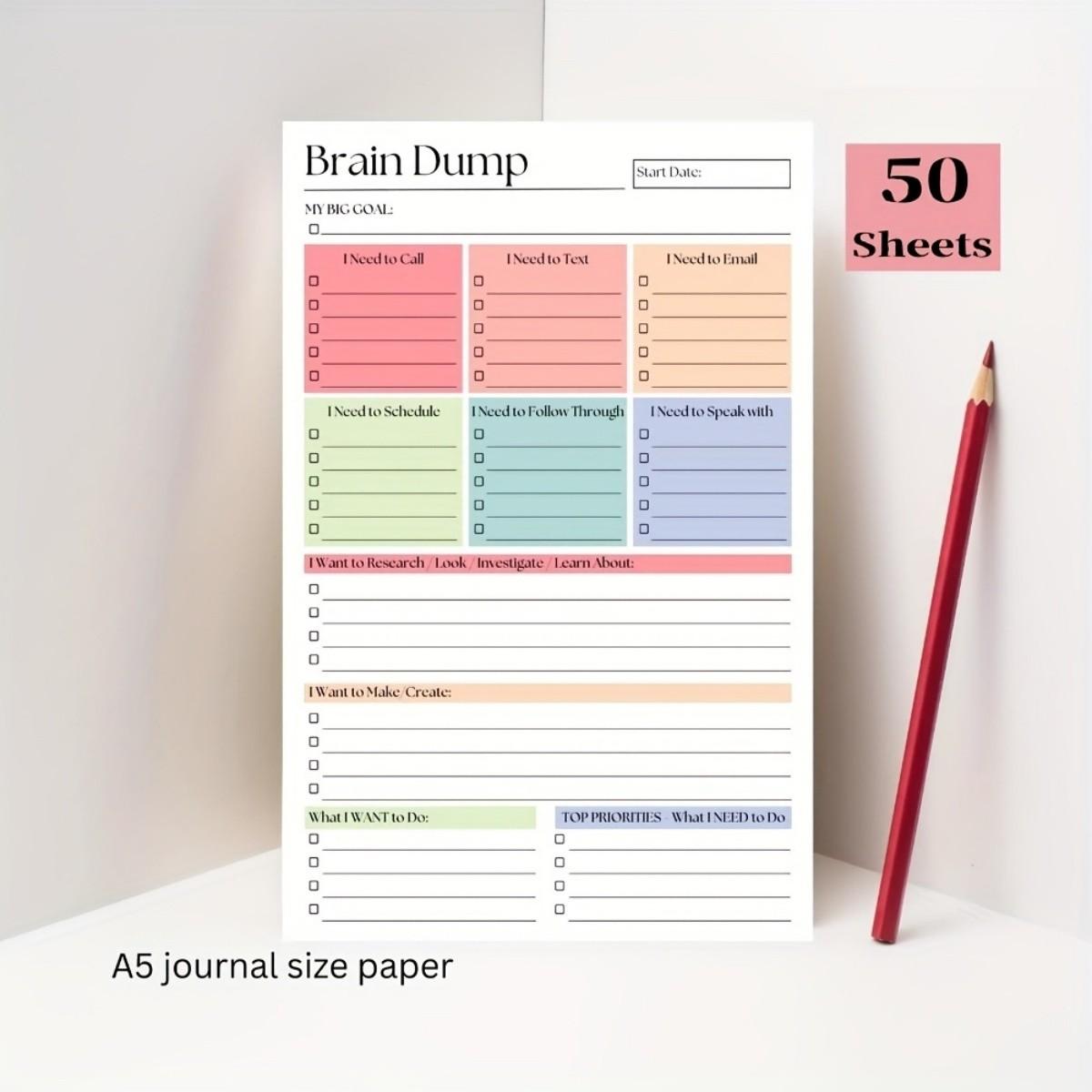 Brain Dump And To-Do Notebook, 50-Page Focus Planner, A5 Size Daily Task Manager, Suitable for Self-Planners, Project Managers, Productivity Planner, Weekly Planner, Minimalist Notebook, Premium End, High-Quality Paper, Planning Tool