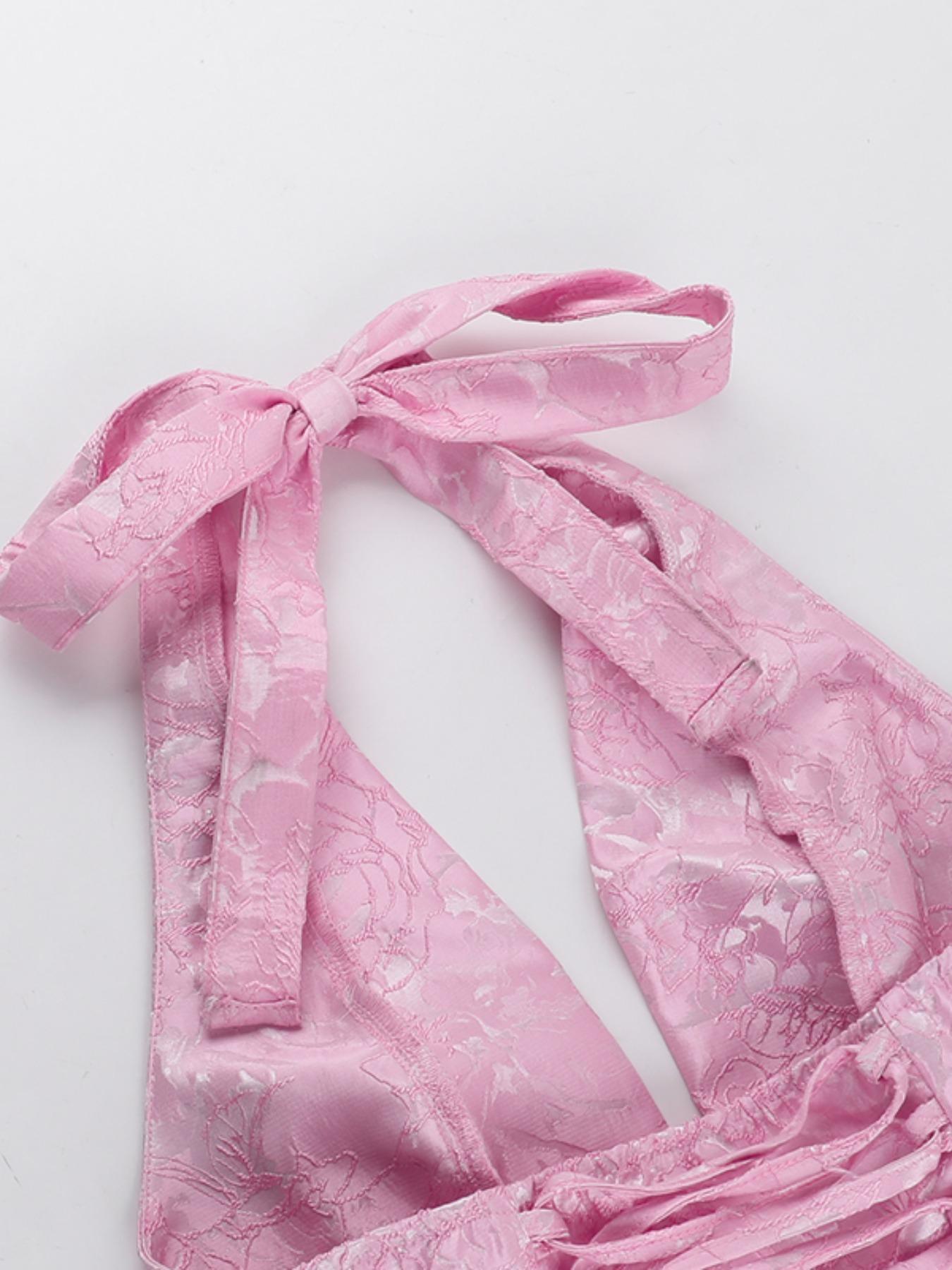 Elegant Sexy Cute Jacquard Halter Neck Butterfly Knot Dress, Slim-Fitting Summer Fashion, Thin Fabric, Perfect for Parties & Events