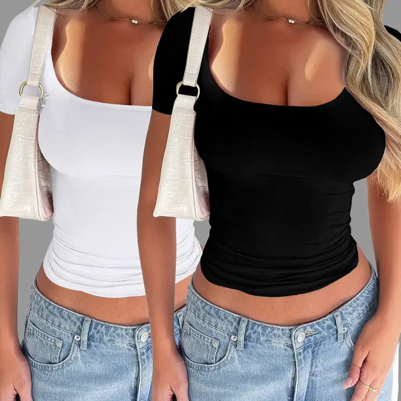 Solid Color Basic Minimalist Casual Style Slim-Fit U-Neck Short-Sleeve T-Shirt Top, Summer Lightweight Knit Tee for Women, Comfortable for Everyday Daily Wear, Casual T Shirts