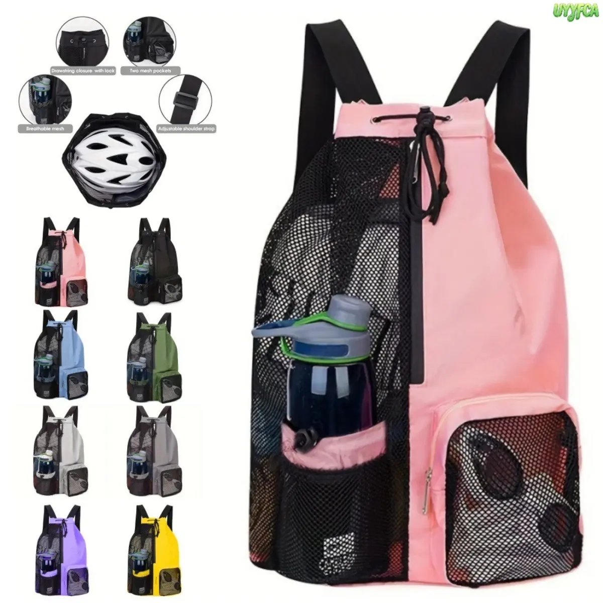 Women's Mesh Drawstring Backpack - Breathable, Lightweight Water-Resistant, Multi-Pocket Sackpack with Wet Pocket, Bottle Holder, Adjustable Shoulder Straps for Gym, Beach, Outdoor Activities