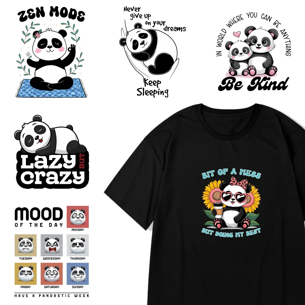 6 Pcs Panda Designs Iron on Transfers casual style. DTF Transfers Ready Washable heat transfer stickers iron on decals Easy to heat press decals for clothing, T-shirts, jeans, backpacks, hats, pillows.