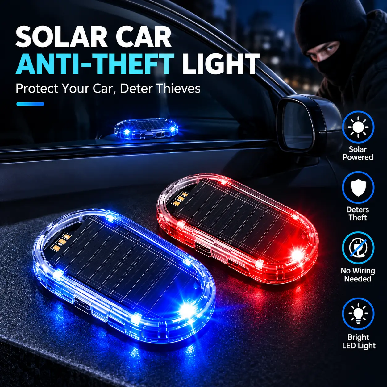 Solar Powered Simulated Car Alarm Light, LED Flashing Dummy Security Warning Light with Light Sensor, No-Wire Installation for Vehicle Anti-Theft Deterrence