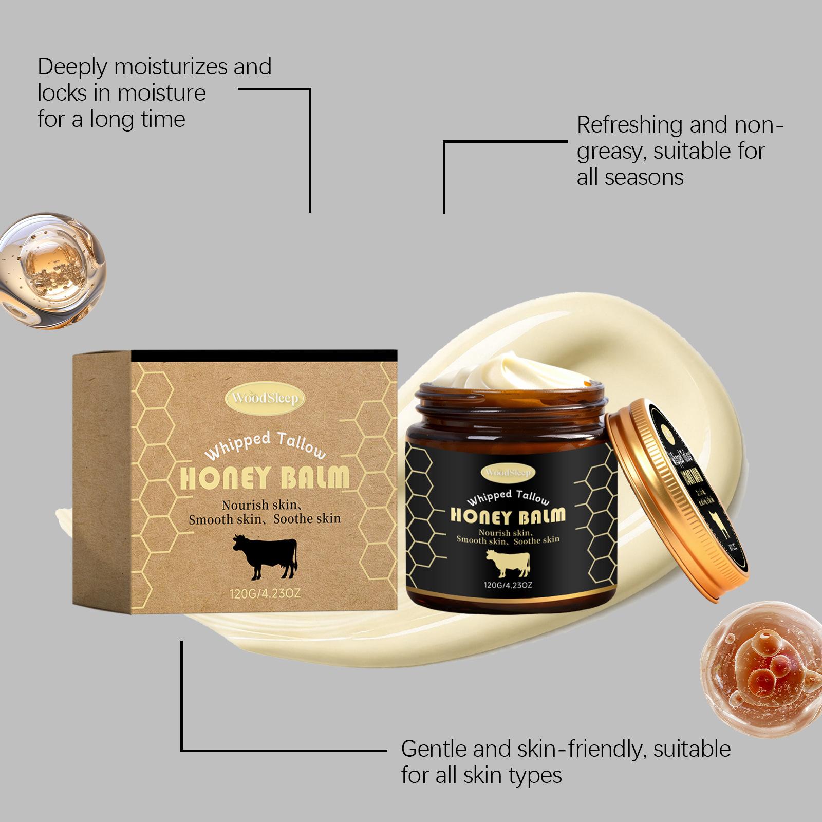 WOODSLEEP Whipped Grass-Fed Beef Tallow Honey Balm - 4.23Oz,Moisturizing Cream for Soft, Smooth Skin - Handmade All-Natural Moisturizer - Hydrating, comfort, moisture boost cream, luminous firming cream, body care, hydrating dry skin